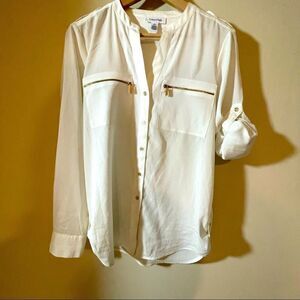 Calvin Klein white flowy nautical blouse with gold buttons and roll up sleeves